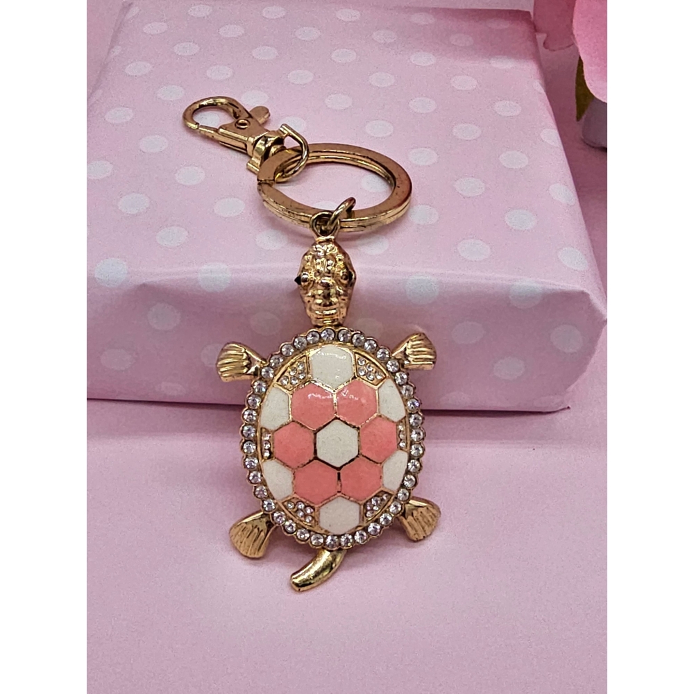 Gold Turtle Keychain with Pink and Cream Enamel